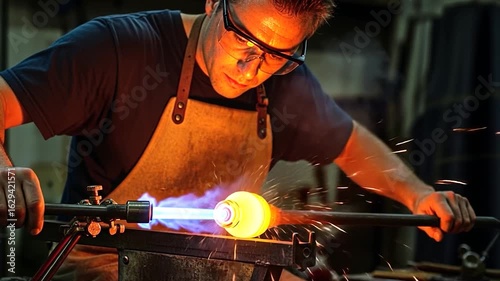 Skilled Glassblower Crafts Molten Glass with Torch in Workshop