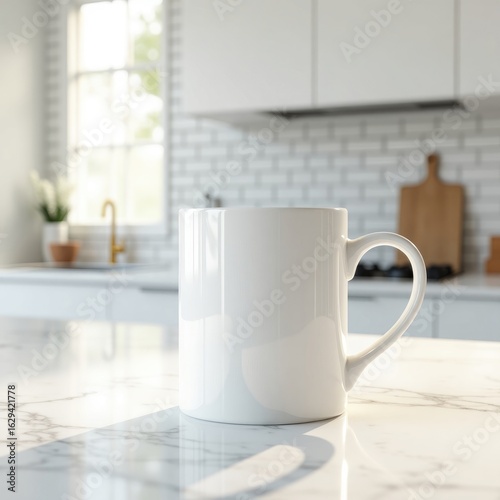 Mug mockup  a white mug on a marble countertop with plants and white brick backsplash in the background view