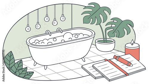 A serene bathroom scene with a bubbling bathtub lush green plants a lit candle and a notebook with a pen evoking relaxation and self care