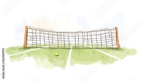Soft watercolor tennis net with ball on court artistic mood muted colors tennis court