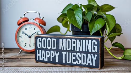 Good morning happy tuesday sign with vintage clock and green plant on wooden surface
