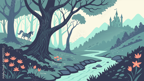 Enchanted forest landscape with unicorn and castle vector illustration fantasy fairytale scene background