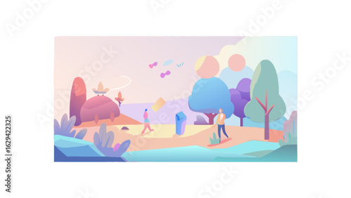 Pastel landscape illustration of people walking in nature with trees and hills vector art design image