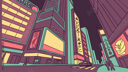 Cityscape illustration of urban night scene with buildings and billboards in downtown area view of street 100