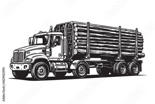 log truck woodcut engraving vector illustration