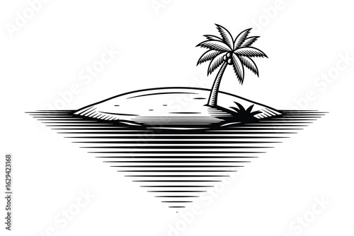 Tropical Island with Palm Tree in the Ocean Engraving Style Vector Illustration