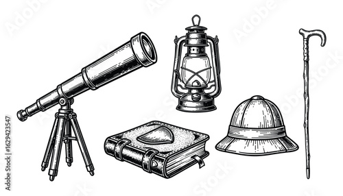 Vintage Exploration Kit Telescope Lantern Book Pith Helmet Cane, Woodcut Style Vector Illustration