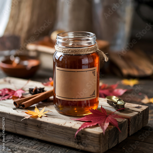 Mason Jar Filled with Amber Liquid Surrounded by Autumn Leaves and Spices Displayed on Wooden Board