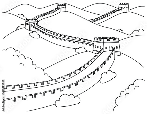 Great Wall of China line art illustration for coloring, historical architectural landmark design for creative and educational projects