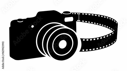 A black and white image of a camera with a film strip that is wrapped around the camera lens area