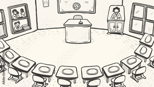 An illustration of a classroom with desks arranged in a circle around the teacher's desk and cabinet