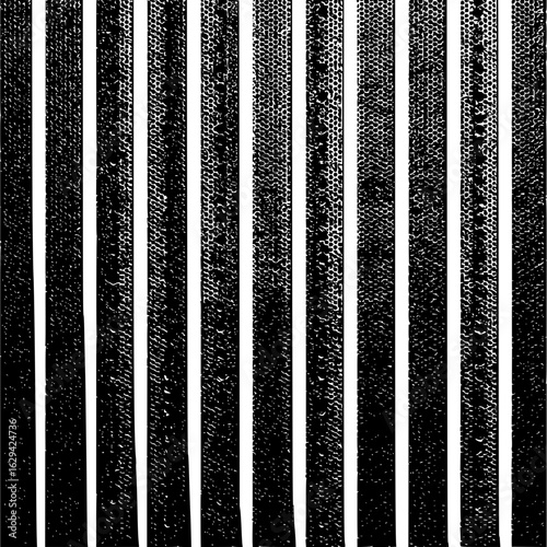 Eleven vertical textured bands with varying patterns and densities in black and white monochrome style