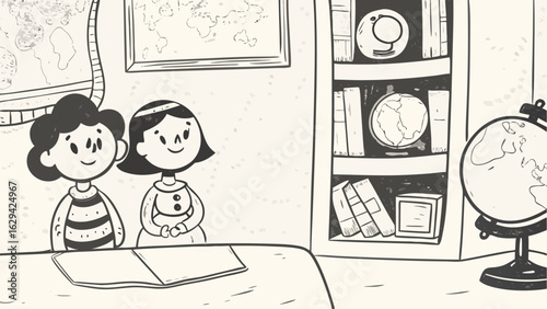 Two students in a classroom with maps and globes sit at a desk with an open book in front of them