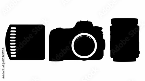 Black and white silhouette of a camera with a film roll and a camera lens in a row on white background