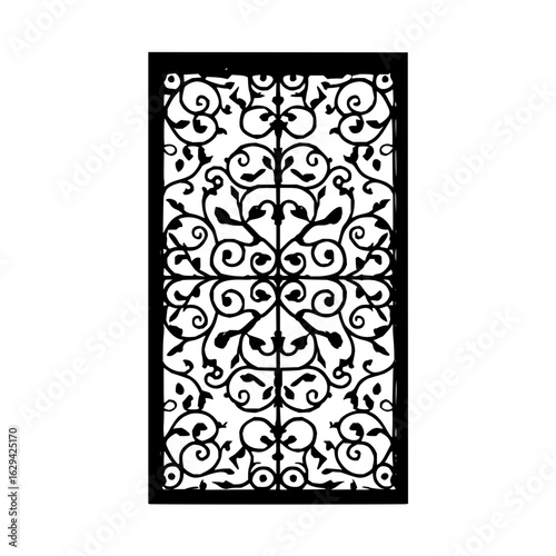Ornate black panel with symmetrical swirling floral and leaf designs within a rectangular frame shape