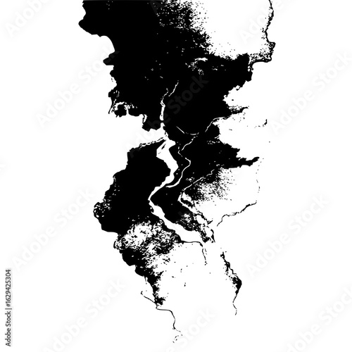 Abstract black and white landscape with a river flowing through dark land masses on a white background