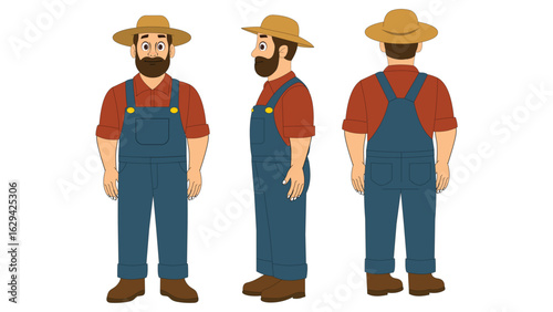 Farmer Man Vector Character in Front, Side, and Back View