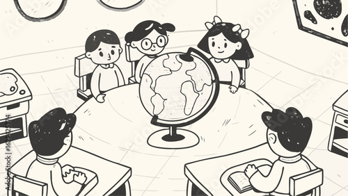 Illustration of children in a classroom setting looking at a globe on a table together study group