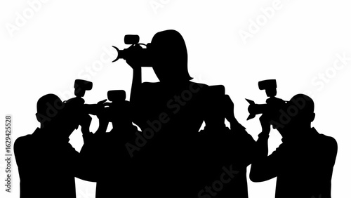 Silhouette of a group of photographers with cameras and flashes taking pictures in black and white style