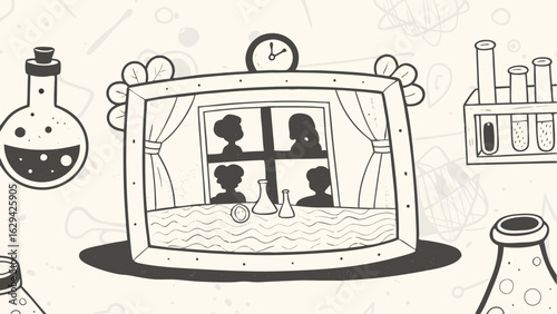 Doodle style illustration of a science themed video call with beakers and test tubes around it