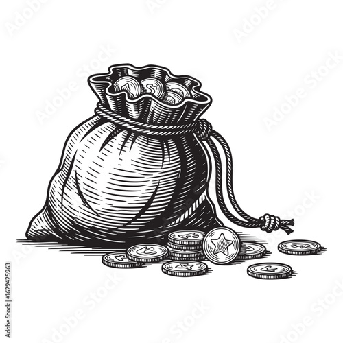 Coins in small bag engraving woodcut vector illustration