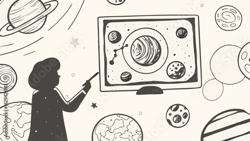 Illustration of a person pointing at a screen showing planets and stars in a space themed setting