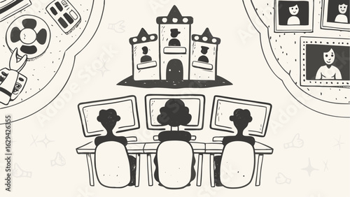 Illustration of three people at computers with castle and framed photos in the background design style