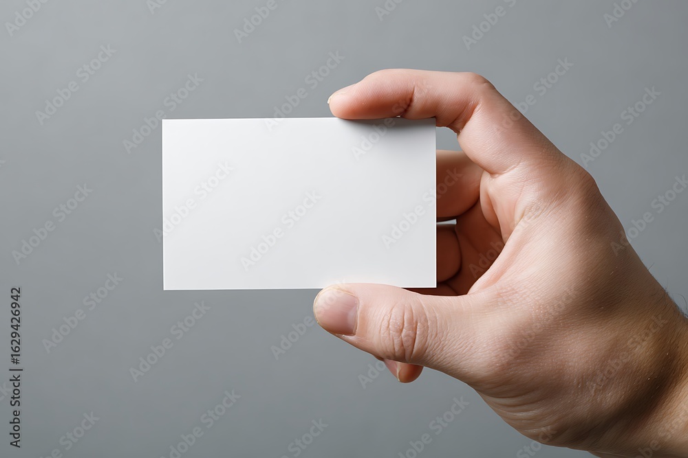 Fototapeta premium Hand close-up with blank white card on subtle gray background 