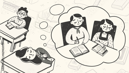 Students in classroom with one daydreaming about studying with a friend at their desks together