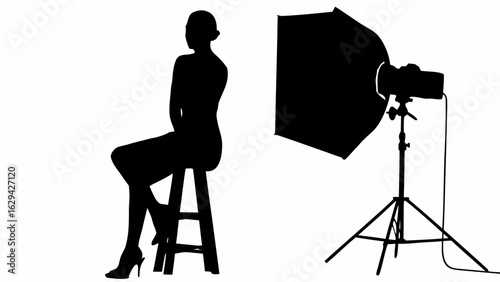 Silhouette of a woman sitting on a stool next to a studio light with a softbox on a white background