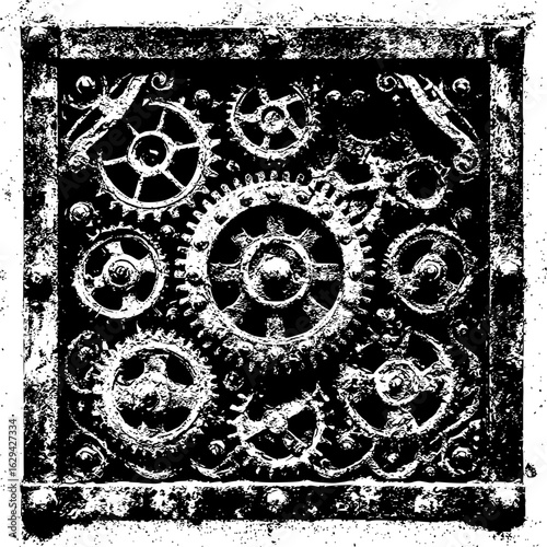 A detailed black and white image of a rusty metal box filled with intricate gears and mechanisms inside