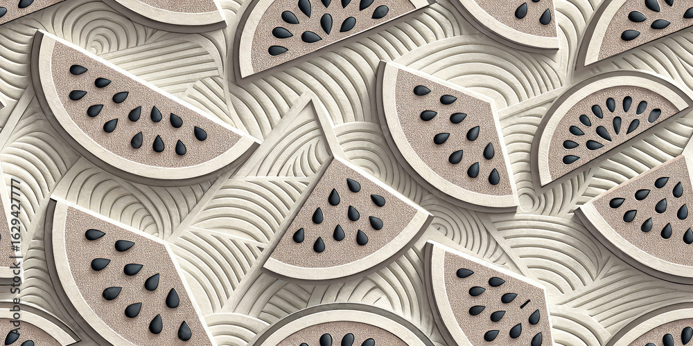 Fototapeta premium Elegant textured watermelon slices create a modern artistic pattern evoking summer freshness and natural beauty.