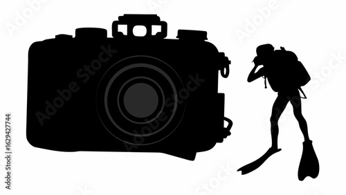 Silhouette of a camera next to a scuba diver with fins and gear ready for underwater photography