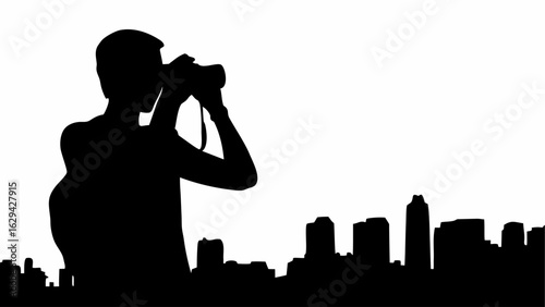 Silhouette of a person taking a picture with a camera in front of a city skyline at daytime view