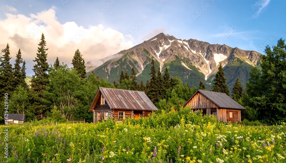 Fototapeta premium Rustic Cabins Nestled in a Vibrant Meadow with Majestic Mountain Backdrop
