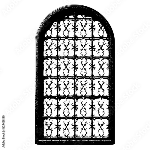 Ornate window with intricate lattice design set within a dark arched frame against a white background