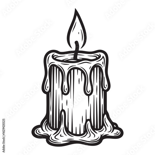 Candle and ignitable wick embedded in wax woodcut vector illustration
