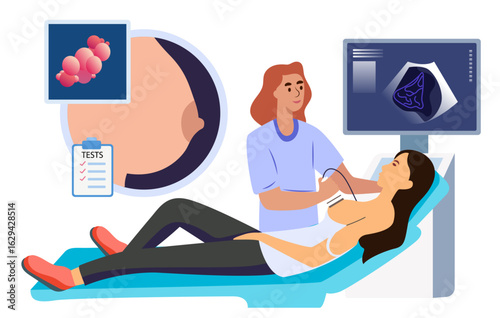 mammologist ultrasound doctor sonographer examine lacteal gland cancer swelling female breast ultrasound investigation digital treatment research female curing medical diagnostics illustration