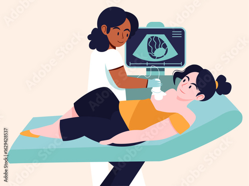 mammologist ultrasound doctor sonographer examine lacteal gland cancer swelling female breast ultrasound investigation digital treatment research female curing medical diagnostics illustration