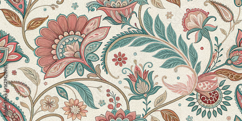 Elegant paisley floral pattern with soft coral and teal hues, perfect for textiles and decor.