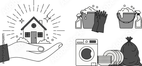 Vector art of hand holding a sparkling clean house with cleaning supplies