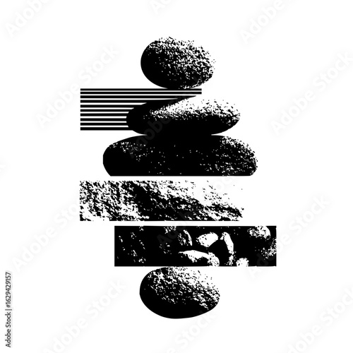 Black and white zen stones stacked with horizontal lines and rectangles in a minimalist design style