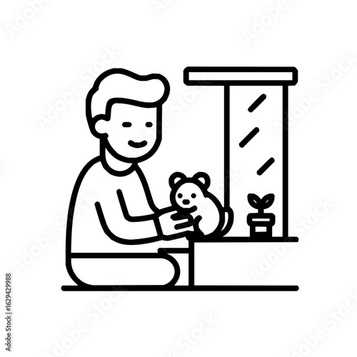 A person is holding a hamster in their hands next to a window with a plant on the windowsill near them