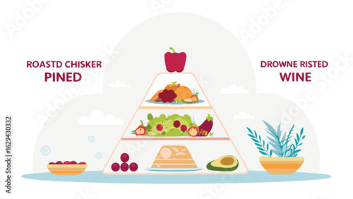 Illustration of a food pyramid with various food groups including fruits vegetables and main courses