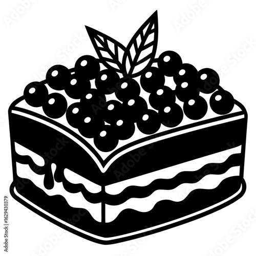 Delicious Black Forest Cake Illustration: A tempting illustration of a black forest cake, adorned with a generous cascade of plump dark cherries and a sprig of fresh mint.