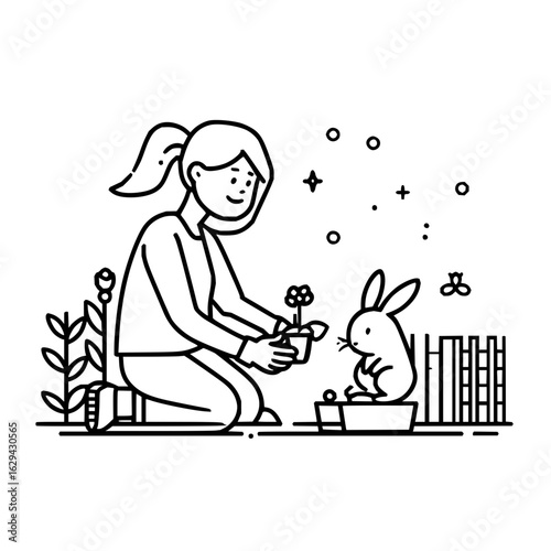 A woman planting a flower in a pot next to a rabbit sitting on a box in a garden with a fence line