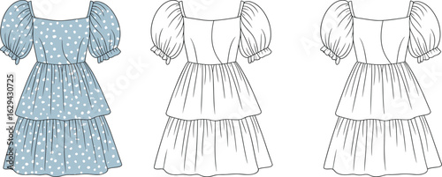  Puff sleeve tiered mini dress fashion flat sketch, front and back views, floral pattern design, square neckline, cute girly outfit vector