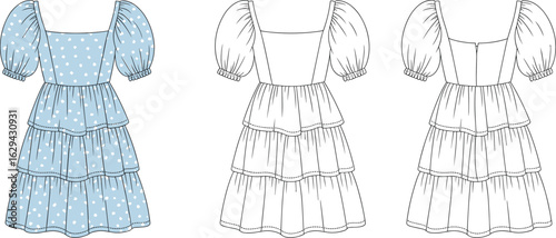 : Trendy puff sleeve tiered mini dress flat sketch, front and back views, square neckline, short length, fashion technical drawing, women’s