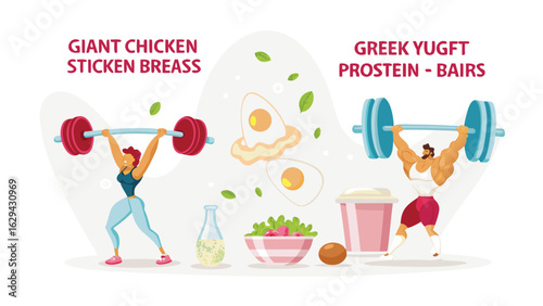 Illustration of two weightlifters lifting barbells with food items such as eggs and salad bowls around them