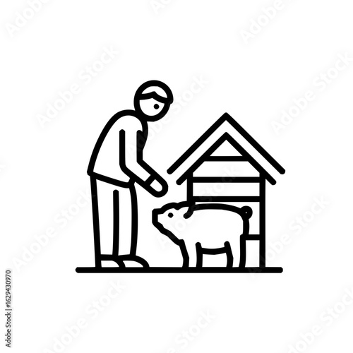 A person feeding a pig near a small house structure with a triangular roof in a line drawing style image